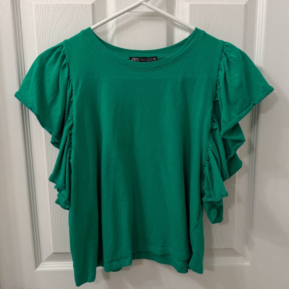 Zara Womens Kelly Green Ruffle Sleeve Short Sleeve Blouse Top Size S Summer